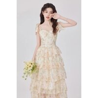 (HÀNG QC SẴN) Đầm Hoa Nhí  2 Dây Buộc Chân Váy Tầng Lưng Chun