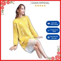 Hàng Quảng Châu - Đầm len suông dáng dài màu vàng chấm bi trắng phối ren tiểu thư siêu cute - DL38332