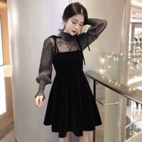 (Hàng Quảng Châu) Set trang phục áo nhũ kim tuyến tay dài bo phồng + đầm xoè yếm nhung cột nơ vai