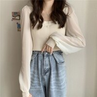 [Hàng quảng Châu]SP351 Áo len nữ cổ vuông tay voan bồng