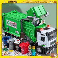 [Hàng Sẵn] 1:32 Đồ chơi xe chở rác hợp kim có 4 thùng rác chạy bằng ma sát có nhạc và đèn - Mô hình xe ô tô vận chuyển WHYME