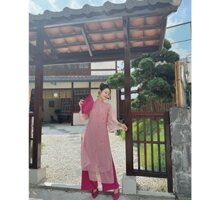 [HÀNG SẴN] Áo dài cách tân 4 tà von tơ hồng hình nguyệt dáng suông họa tiết thêu nhành đào - Áo Dài Tu Hú