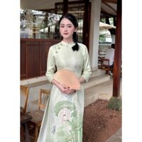 (Hàng sẵn) Áo dài nữ cách tân chiết eo 2 tà chất liệu lụa gấm họa tiết hoa sen sang trọng