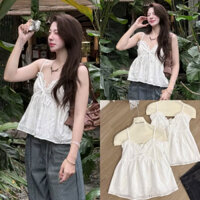 [HÀNG SẴN] Áo ren 2 dây bèo ngực chất xô boi mềm mỏng đục lỗ hoa cúc QC011