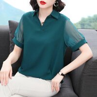 HÀNG SẴN Áo Sơ Mi Nữ Trung Niên Ngắn Tay Phối Ren Thanh Lịch SM40 - Hàng Quảng Châu Cao Cấp - Xanh đậm,M<52KG