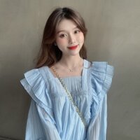 (HÀNG SẴN) Áo sơ mi nữ vải voan cổ vuông phối bèo vai búp bê điệu đà Hàn Quốc (NEW ARRIVALS)