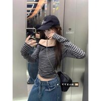 (HÀNG SẴN) Áo thun dài tay kẻ sọc màu xám cổ lệch trễ vai ôm body phong cách retro cá tính hàng QC cao cấp