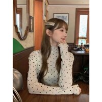 (HÀNG SẴN) Áo thun lưới chấm bi màu trắng cổ lọ cao mùa thu đông ôm body co giãn 3D điệu đà vintage đáng yêu hàng QC loạ
