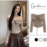 hàng sẵn-áo trễ vai sọc tăm mix bông hoa phong cách dịu dàng sang chảnh