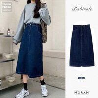 (HÀNG SẴN) Chân váy bò denim MORAN cạp cao dáng dài A-line style retro khâu chỉ nổi vintage - CB358