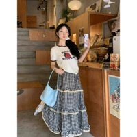 (HÀNG SẴN) Chân váy midi kẻ sọc caro đen phối viền ren 3 tầng điệu đà xòe rộng dài vintage đáng yêu hàng Quảng Châu lSẴN