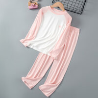 Hàng sẵn có 100-180CM Bé Trai Bé Gái Màu Kẹo Khâu Tay Điều Hòa Không Khí Quần Áo Gia Đình Mùa Hè Vừa Lớn Trẻ Em Quần Dài Tay Bộ Đồ Ngủ Hai @