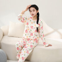 Hàng sẵn có 100-180CM Mùa Xuân Bé Gái Ngọt Ngào Tay Trumpet Điều Hòa Không Khí Quần Áo Gia Đình Vừa Lớn Trẻ Em Hoạt Hình Lưới Cotton Nguyên Chất Bộ Đồ Ngủ Thoáng Khí