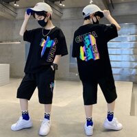 Hàng sẵn có 110-160CM Phiên bản Hàn Quốc Quần áo trẻ em Bé trai Bộ đồ ngắn tay hợp thời trang quốc gia độc đáo Bộ đồ cỡ vừa lớn cho trẻ em thể thao giải trí hai mảnh