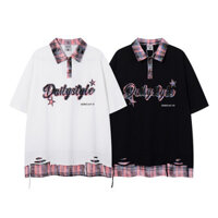 Hàng sẵn có BALY STYIE Nam Nữ Polo giản dị Cá tính nối Áo ngắn tay phù hợp Unisex