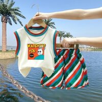 Hàng sẵn có Bộ đồ Vest mùa hè cho bé trai có giá trị cao 2024 Phong cách mới Thời trang cho bé Hoạt hình không tay Bé trai Mùa hè Trẻ em Quần short sọc màu