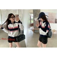 Hàng sẵn có Chất lượng tốt Real Shot Dệt kim sọc đồng phục bóng chày Áo thun tương phản Retro Khâu sọc nửa dây kéo dệt kim dài tay