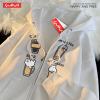 Hàng sẵn có dành cho nữ Đồ uống dễ thương in hình mèo Áo Hoodie có dây kéo dày phong cách Nhật Bản Nam Thanh niên Sinh viên Hợp thời trang Ins Áo len dài tay rộng rãi có mũ trùm đầu