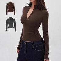 Hàng sẵn có Hot Girl Cổ Chữ v Dây Kéo Nửa Cổ Cao Chính Hãng Vai Dài Tay Áo Thun Thể Dục Mỹ Thể Thao S