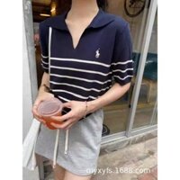 Hàng sẵn có Phiên bản cao cấp Ralph Sọc Áo len ngắn tay Pony Nhãn thêu mùa hè Màu tương phản nửa tay S