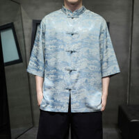 Hàng sẵn có Phong cách Trung Quốc mới Tang Suit Áo sơ mi in hình phong cảnh nam tay ngắn mùa hè băng lụa nửa tay Hanfu có nút cổ đứng 25.1.11