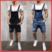 ♞,♘,♙Hàng sẵn có Plus Size S-3XL Nam Denim Áo liền quần Quần Short Thường Ngày Mùa Hè Rách Chiều Dài Đầu Gối Quần Jean Treo Yếm Quần S