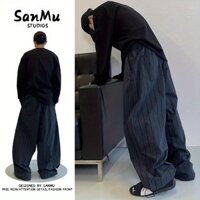 Hàng sẵn có [Shop Hot Sale] Mùa thu Nhật Bản Retro Đen Xanh Sọc dọc Cotton Machete Thiết kế quần ống rộng Cảm giác có thể buộc dây Quần lót sàn trượt