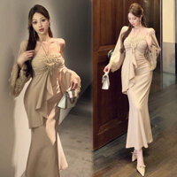 Hàng sẵn có Tính khí Nữ thần Quạt Phù hợp với mùa xuân 2025 Phong cách mới Ren khâu khăn choàng Áo khoác cổ dây gợi cảm Váy hông hợp thời trang