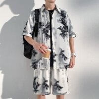 Hàng sẵn có Vận chuyển nhanh Bộ đồ ngắn tay nam Trung Quốc mới Bộ đồ mùa hè nam phong cách Trung Quốc Tranh mực Tie-Dye Quần Short áo sơ mi ngắn tay cỡ lớn Bộ đồ hai mảnh thời trang