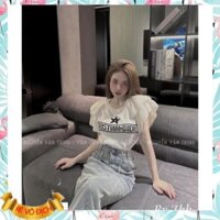 (Hàng sẵn Freeship) Áo len montoghi ngắn tay cổ tròn DR ngôi sao tay bèo loe siêu xinh hothit