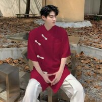 [HÀNG SẴN - GIAO NGAY] Áo shanghai nam nữ vạt chéo nút tàu thích hợp dịp Tết - Đỏ đô/đen/trắng