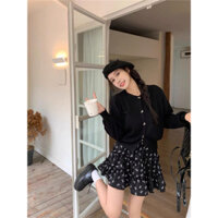 [HÀNG SẴN - LOẠI 1] LING STYLE Set Áo Cadigan Dệt Kim Tay Dài Chân Váy Chấm Bi Dài Xếp Tầng Phong Cách Mùa Thu