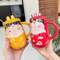 [Hàng sẵn] Ly thủy tinh 600ml có nắp hình Nhật Bản - Họa tiết tinh xảo