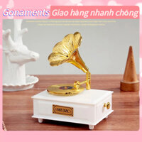 [Hàng Sẵn] Máy Quay Đĩa Hình Hộp Nhạc Phong Cách Retro Cổ Điển Kèn Vàng Sừng Lâu Đài Trên Bầu Trời Mini Gonaments