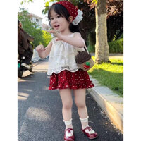 Hàng sẵn SÉT ÁO REN PHỐI QUẦN MÀU ĐỎ CHẤM BI