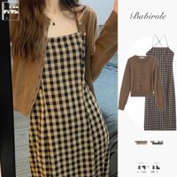 (HÀNG SẴN) Set váy hai dây MORAN dáng dài kẻ sọc caro + Áo khoác caridgan mỏng nhẹ style vintage - AV236