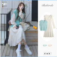 (HÀNG SẴN) Set váy voan dài tay MORAN phối bèo xòe dài đuôi cá+ Áo gile len màu xanh (hàng mới về)