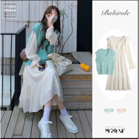 (HÀNG SẴN) Set váy voan dài tay MORAN phối bèo xòe dài đuôi cá+ Áo gile len màu xanh (Hàng mới hot) -VB231