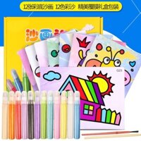 [(Hàng Sẳn) Tranh cát 12 màu +12 tranh Tô màu cho bé  21x14cm An Toàn Cho Bé Kèm 12 Lọ Màu Cát.