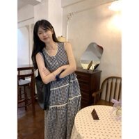 (HÀNG SẴN) Váy ba lỗ xoè babydoll dập viền ren kẻ sọc caro đen/xanh dương điệu đà rộng rãi thoải mái hàng QC cao cấp