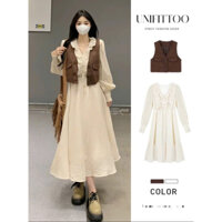(HÀNG SẴN) Váy dài tay cổ V phối bèo thon eo xòe dài điệu đà + Áo vest gile phong cách vintage Hàn Quốc hàng QC loại 1