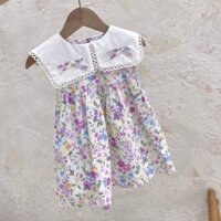 (Hàng sẵn) Váy hoa tím đính nơ cổ phối viền trắng cho bé gái đủ từ 9-23kg