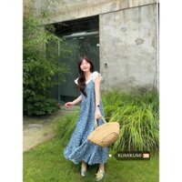 (HÀNG SẴN) Váy yếm hai dây hoa li ti màu xanh dương xoè dài babydoll điệu đà nhún đuôi cá hàng QC loại 1