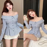 [Hàng Sẵn/3 Size]:Set Áo Kẻ Blue Hot Trend Trễ Vai Rút Eo + Chân Váy Kaki Trắng Tiểu Thư Kèm Ảnh Thật Lollaye SV.130