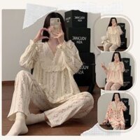 HÀNG SẴN_DEAL 189K_Bộ Ngủ Pyjama Bông Mây / Bông Yunduo Nữ Tính Phối Ren Nơ Thu Đông 2024 MOEN107