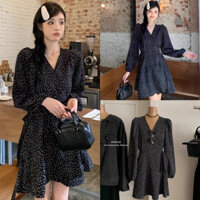 [HÀNG SẴN]VÁY-ĐẦM CỔ V CHẤM BI CÓ DÂY THẮT EO FORM XOÈ tiểu thư