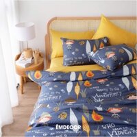 [Hàng Thiết Kế] Bộ Chăn Ga Gối Cotton Sateen Họa Tiết Lửa Trại Xanh Than Lót Vàng Tươi