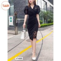 [Hàng Thiết Kế] Đầm đen body dự tiệc phối ren tay bồng V1489