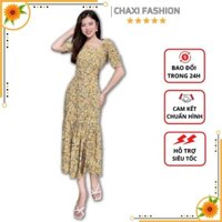 HÀNG THIẾT KẾ - ĐẦM LỤA HOA CỔ VUÔNG CHÂN VÁY NHÚN LY MÀU VÀNG SIÊU XINH - KBT168230