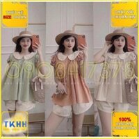 [HÀNG THIẾT KẾ FORM CHUẨN] Set Bộ Áo Cổ Sen 3 Màu Mix Quần Be Siêu Xinh HH3